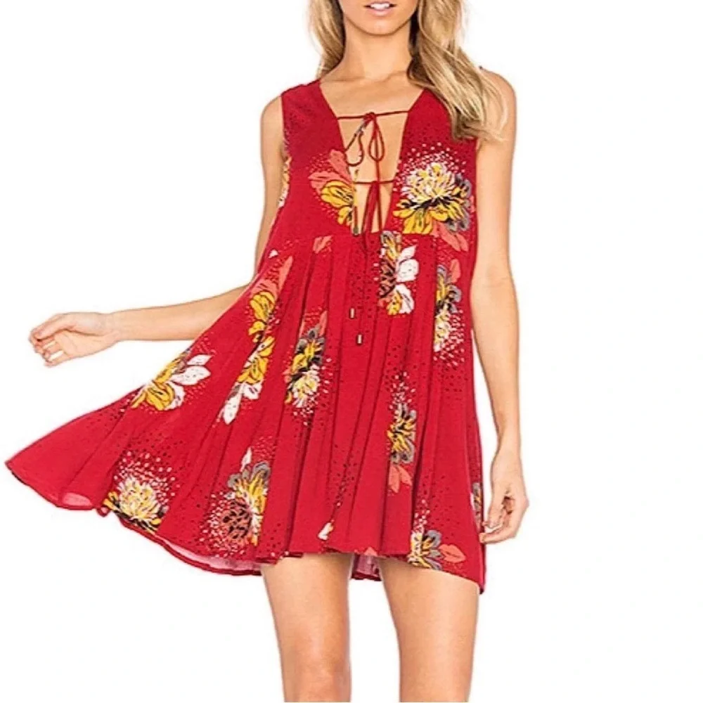Free People Mini Dress Lovely Day Printed Tunic Mini Dress Red
